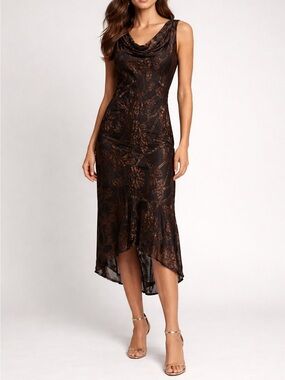 Y2K Velvet Burnout Dress Cowl Neck Beaded Fairy Whimsigoth Brown Black